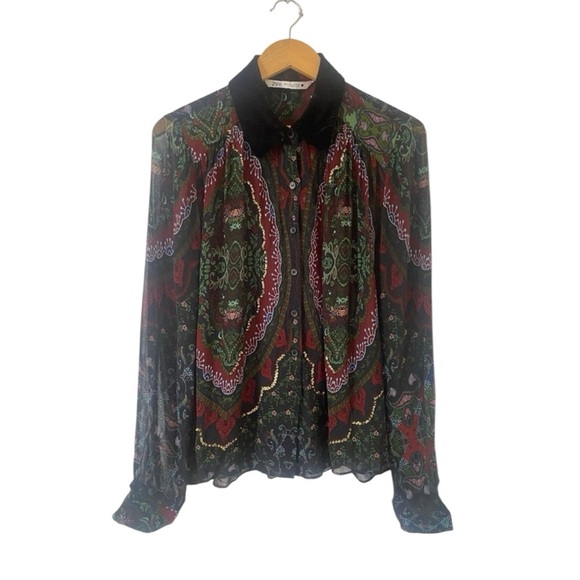 Zara Tops - Zara Women Shirt Size Small Green Black Semi Sheer Paisley Velvet Collar